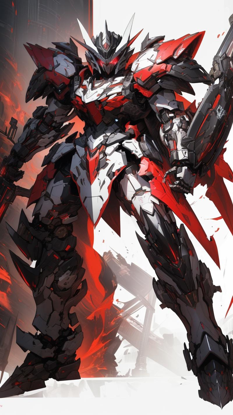 05077-1681147217-,mecha robot,no humans,mecha armor,full armor,(red silver color scheme_1.2),glowing red eyes,city,(full body_1.2),clenched hand,.png